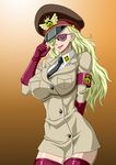  armband blonde_hair breasts cap domino_(one_piece) female gloves gradient gradient_background hair_over_one_eye hat highres large_breasts legs long_hair necktie nel-zel_formula one_piece open_mouth peaked_cap simple_background smile solo standing sunglasses thigh_boots thighs uniform 