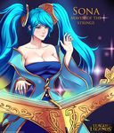  absurdres blue_eyes blue_hair blush breasts danfer3 highres instrument large_breasts league_of_legends lips long_hair smile solo sona_buvelle support twintails weapon 