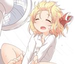  alternate_costume barefoot blonde_hair closed_eyes electric_fan fang flower hair_ribbon long_sleeves naked_shirt natsu_no_koucha open_mouth red_flower red_rose ribbon rose rumia shirt short_hair simple_background solo sweat touhou white_background wind 
