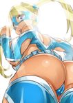  ass blonde_hair blue_eyes blue_leotard blurry breasts cameltoe depth_of_field large_breasts leotard light_rays long_hair looking_back mask open_mouth rainbow_mika simple_background solo street_fighter street_fighter_v tashiromotoi twintails white_background wrestling_outfit 