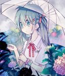  aqua_eyes aqua_hair flower flower_bracelet fuuko_(2679566944) hair_ornament hairclip hatsune_miku holding holding_flower hydrangea long_hair neck_ribbon rain ribbon short_sleeves solo transparent transparent_umbrella twintails umbrella upper_body vocaloid 