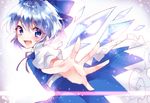  bad_id bad_twitter_id blue_eyes blue_hair blush cirno fang frills gradient gradient_background hair_ornament hair_ribbon ice ice_wings looking_at_viewer outstretched_arm puffy_sleeves ribbon shirt short_hair short_sleeves skirt skirt_set smile solo sweetroad touhou vest wings 