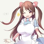  apron blue_dress bracelet breasts brown_eyes brown_hair dress hair_ornament headphones itsumi_(itumiyuo) jewelry large_breasts long_hair looking_at_viewer mizuhara_hayari one_eye_closed open_mouth saki smile solo standing star twintails upper_body white_background 