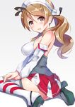  bad_id bad_pixiv_id bare_shoulders blush breasts brown_eyes brown_hair detached_collar headgear henet_hene kantai_collection large_breasts littorio_(kantai_collection) looking_at_viewer miniskirt open_mouth ponytail shirt sitting skirt solo striped striped_legwear thighhighs wariza zettai_ryouiki 