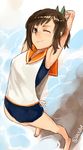  brown_hair i-401_(kantai_collection) kantai_collection one-piece_swimsuit one_eye_closed poco_(backboa) school_swimsuit smile solo stretch swimsuit 