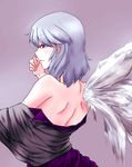  back bare_shoulders dress from_behind gradient gradient_background highres itocoh kishin_sagume long_sleeves no_bra off_shoulder parted_lips profile purple_background purple_dress red_eyes short_hair silver_hair single_wing solo touhou upper_body wings 