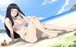  1girl beach bikini breasts cyberunique female hyuuga_hinata large_breasts looking_at_viewer naruto purple_hair sky solo swimsuit 
