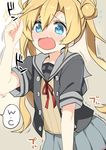  absurdres abukuma_(kantai_collection) aqua_skirt bangs blonde_hair blue_eyes blush check_commentary commentary_request double_bun hair_between_eyes hair_rings have_to_pee highres kantai_collection long_hair neckerchief open_mouth pleated_skirt remodel_(kantai_collection) ryuki_(ryukisukune) sailor_collar school_uniform serafuku skirt solo sweat trembling twintails wavy_mouth 