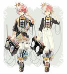  black_nails boombox boots bow bowtie crown facial_mark flat_color fukase green_eyes headset male_focus maple_(cyakapon) mini_crown multicolored_hair nail_polish neon_trim original smile solo star suspenders vocaloid 