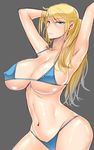  1girl bikini blonde_hair blue_eyes erect_nipples hands_behind_head long_hair looking_at_viewer metroid navel nintendo samus_aran simple_background solo swimsuit wolffeld 