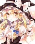  bad_id bad_twitter_id blonde_hair blush bow braid cleavage_cutout curiosities_of_lotus_asia gradient gradient_background hair_bow hair_ornament hat hat_ribbon highres kirisame_marisa looking_at_viewer parted_lips puffy_sleeves ribbon short_sleeves side_braid single_braid solo star sweetroad touhou upper_body witch_hat wrist_cuffs yellow_eyes 