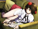  black_hair black_legwear bookmark breasts collared_shirt couch hat hips indoors legs looking_up lying no_pants notes on_side open_mouth panties pen photo_(object) pillow room sachi_(y0sh1sach1) shameimaru_aya shirt shoes_removed short_hair small_breasts socks solo thighs tokin_hat touhou underwear untied white_shirt yellow_eyes 