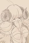  2015 ahoge anila_(granblue_fantasy) artist_name between_breasts breasts brown_background covering_mouth dated draph fur_trim granblue_fantasy horns long_hair masato_(mirai_koubou) sepia sheep_horns simple_background solo upper_body 