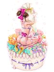  apron ass bad_id bad_pixiv_id bangs bow brown_hair cake doyak flower food food_on_body food_on_face full_body gold hair_bow hair_bun high_heels icing jewelry long_hair looking_at_viewer nearly_naked_apron necklace original oversized_food oversized_object pastry_bag pearl_necklace ribbon seiza sitting solo 