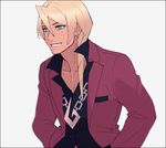  aqua_eyes bad_id bad_pixiv_id blonde_hair earrings garyuu_kyouya gojya grin gyakuten_saiban gyakuten_saiban_4 hands_in_pockets jacket jewelry long_hair male_focus necklace smile solo upper_body white_background 