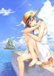  absurdres barefoot blue_eyes blue_hair cloud day dress eating feet flower food hat hat_flower highres legs long_hair md5_mismatch ocean original popsicle sandals sandals_removed shinbee shoes_removed sitting sky solo straw_hat sundress water 