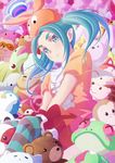  aqua_hair budda crane_game eyebrows green_eyes hat highres long_hair monogatari_(series) nisemonogatari ononoki_yotsugi pantyhose pointy_ears solo striped striped_legwear stuffed_animal stuffed_frog stuffed_monkey stuffed_penguin stuffed_toy teddy_bear twintails 