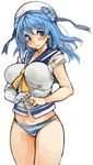  blue_eyes blue_hair blush breasts gloves hat kantai_collection large_breasts panties perky_breasts sachito school_uniform serafuku simple_background solo striped striped_panties thick_thighs thighs underwear urakaze_(kantai_collection) white_background white_gloves white_hat yellow_neckwear 