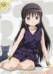  akemi_homura alternate_costume amy_(madoka_magica) black_hair bracelet cat dress hairband jewelry long_hair mahou_shoujo_madoka_magica necklace official_art purple_dress purple_eyes solo trading_card 