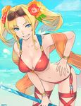  artist_name beach beads bikini blonde_hair blue_eyes bracelet braid breasts cleavage collarbone day earrings eyewear_on_head flower granblue_fantasy grin hair_flower hair_intakes hair_ornament hand_on_hip hibiscus jewelry large_breasts leaf leaning_forward long_hair looking_at_viewer masato_(mirai_koubou) navel ocean outdoors polearm red_bikini red_legwear shawl side-tie_bikini smile solo spear sunglasses swimsuit thighhighs twintails water weapon zeta_(granblue_fantasy) 