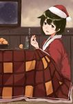  hanten_(clothes) hat hiryuu_(kantai_collection) kantai_collection kotatsu looking_at_viewer poco_(backboa) santa_hat short_hair smile solo table translated 