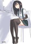  1girl admiral_(kantai_collection) arm_warmers artist_name asashio_(kantai_collection) black_hair black_legwear book chair check_commentary commentary commentary_request faceless faceless_male hair_between_eyes head_out_of_frame kantai_collection long_hair open_mouth out_of_frame pleated_skirt school_uniform sensen sitting skirt sleeping suspenders thighhighs white_background 