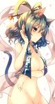  animal_ears bad_id bad_twitter_id bare_shoulders blue_hair blush bottomless breast_rest breasts cat_ears cat_tail hair_ornament hair_rings hair_stick highres kaku_seiga kemonomimi_mode large_breasts looking_away midriff navel no_bra out-of-frame_censoring shawl short_hair simple_background smile solo sweetroad tail touhou vest white_background 