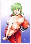  absurdres aina_saharin blue_eyes blush border breasts earrings gradient gradient_background green_hair gundam gundam_08th_ms_team helmet highres jewelry konkitto large_breasts looking_at_viewer nipples open_clothes parted_lips pilot_suit pulling purple_border short_hair signature simple_background smile solo sweat undressing 
