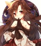  animal_ears bad_id bad_twitter_id bare_shoulders blush brown_hair collarbone crescent_moon dress imaizumi_kagerou long_hair long_sleeves looking_at_viewer moon mouth_hold off_shoulder red_eyes solo sweetroad tail touhou upper_body wide_sleeves wolf_ears wolf_tail 