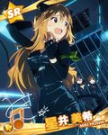  animal_ears baba_konomi beamed_eighth_notes blonde_hair blue_eyes bodysuit brown_hair cage card_(medium) cat_ears cat_tail catsuit character_name choker fingerless_gloves gloves green_eyes hoshii_miki idolmaster idolmaster_(classic) idolmaster_million_live! mogami_shizuka multiple_girls musical_note official_art open_mouth tail trapped 