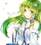  bad_id bad_twitter_id blush breasts cleavage detached_sleeves frog_hair_ornament green_eyes green_hair grin hair_ornament hair_tubes japanese_clothes kochiya_sanae long_hair long_sleeves looking_at_viewer medium_breasts miko navel shirt simple_background smile snake_hair_ornament solo sweetroad touhou upper_body white_background wide_sleeves 