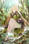  barefoot blonde_hair circlet closed_eyes crossed_legs feet forest hair_ornament head_on_hand long_hair long_skirt macciatto_(aciel02) nature qurare_magic_library see-through sitting skirt traditional_clothes very_long_hair 