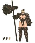  armor bangs bikini_armor blonde_hair blue_eyes blunt_bangs boots breasts c-string cleavage color_guide curvy full_body gauntlets gradient gradient_background hairband hammer highres huge_breasts huge_weapon looking_at_viewer nameo_(judgemasterkou) original pasties shield short_hair shoulder_armor shoulder_armour smile solo spikes standing thick_thighs thigh_boots thighhighs weapon wide_hips 