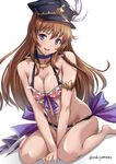  bikini blue_eyes blush breasts brown_hair frilled_bikini frills granblue_fantasy hat jewelry lecia_(granblue_fantasy) long_hair medium_breasts peaked_cap sakiyamama smile solo swimsuit 