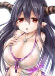  bikini black_hair breasts danua draph granblue_fantasy highres horn_ornament horns jewelry large_breasts long_hair open_mouth pointy_ears red_eyes solo swimsuit u_rin 