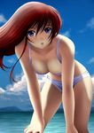  bent_over bikini blue_eyes blue_sky breasts cleavage close-up cloud collarbone day hands_on_own_knees hanging_breasts highres ilolamai long_hair looking_at_viewer medium_breasts original parted_lips purple_bikini red_hair sky solo swimsuit water 