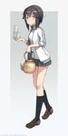  2015 artist_name astg bad_id bad_pixiv_id bangs black_hair blush cup drinking_glass full_body grey_skirt gym_shirt hair_between_eyes hayasui_(kantai_collection) holding jacket kantai_collection kettle kneehighs loafers long_sleeves looking_at_viewer microskirt miniskirt open_clothes open_jacket pleated_skirt shirt shoes short_hair silver_eyes simple_background skirt sleeves_pushed_up solo sweatdrop teapot track_jacket walking watermark web_address white_shirt 