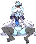  1girl adventure_time blue_skin blush fangs ice_queen looking_at_viewer nollety panties simple_background solo thighhighs underwear white_hair 