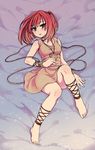  absurdres ankle_lace-up barefoot blush chain cross-laced_footwear dress highres lying magi_the_labyrinth_of_magic mono_land morgiana red_eyes red_hair sand short_dress solo white_dress wrist_cuffs 