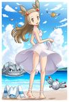  ankleband anklet ass barefoot beach blush body_blush bow brown_eyes brown_hair butt_crack cloud day dress feet from_behind gen_1_pokemon gen_2_pokemon gen_3_pokemon hair_bobbles hair_ornament jewelry long_hair looking_back magnemite mikan_(pokemon) ocean outdoors panties pelipper pokemoa pokemon pokemon_(creature) pokemon_(game) pokemon_dppt pokemon_gsc sandals_removed see-through shiny shiny_hair shiny_skin sky smile soles steelix sundress two_side_up underwear water white_dress wingull 