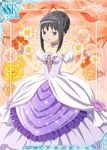  akemi_homura alternate_costume artist_request black_hair blush card_(medium) cinderella cinderella_(grimm) cinderella_(grimm)_(cosplay) cosplay dress jewelry jpeg_artifacts mahou_shoujo_madoka_magica necklace official_art purple_dress purple_eyes smile solo sparkle tiara trading_card 