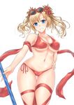  bikini blonde_hair blue_eyes breasts cleavage eyewear_on_head granblue_fantasy grin highres large_breasts long_hair primamiya red_bikini shawl smile solo standing sunglasses swimsuit twintails zeta_(granblue_fantasy) 