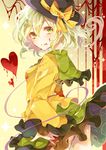  ass bad_id bad_twitter_id blood blood_on_face bloody_clothes blush frills green_eyes green_hair grin hat hat_ribbon heart heart-shaped_pupils highres komeiji_koishi long_sleeves looking_at_viewer ribbon shirt short_hair skirt smile solo string sweetroad symbol-shaped_pupils touhou wide_sleeves 