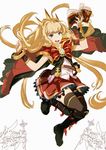  black_footwear black_legwear blonde_hair blue_eyes book boots bracelet cagliostro_(granblue_fantasy) cape dragon granblue_fantasy hairband holding holding_book jewelry knee_boots long_hair open_book open_mouth red_skirt simple_background skirt so-bin solo spikes thighhighs very_long_hair white_background zettai_ryouiki 