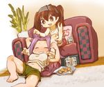  alcohol barefoot beer biscuit blush breasts brown_eyes brown_hair casual chaki_(teasets) closed_eyes commentary_request cushion drooling food holding jun'you_(kantai_collection) kantai_collection long_hair medium_breasts midriff multiple_girls open_mouth pillow plant purple_hair ryuujou_(kantai_collection) shorts sitting sleeveless smile snack twintails yes yes-no_pillow 