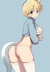  alternate_legwear animal_ears ass blonde_hair blue_background blue_eyes blush bra brave_witches breasts clothes_lift from_behind glastonbury1966 large_breasts leaning_forward looking_back micro_bra micro_panties nikka_edvardine_katajainen panties ribbed_sweater short_hair simple_background solo sweat sweater sweater_lift tail thighhighs underwear weasel_ears weasel_tail white_bra white_legwear white_panties world_witches_series 
