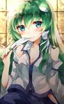  bad_id bad_twitter_id blush breasts cleavage detached_sleeves frog_hair_ornament gohei green_eyes green_hair hair_ornament hair_tubes highres japanese_clothes kochiya_sanae lips long_hair long_sleeves looking_at_viewer medium_breasts miko shirt skirt smile snake_hair_ornament solo sweetroad touhou wide_sleeves 