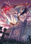  arms_up bat_wings blue_hair cross dress frills full_body garter_straps hat hat_removed headwear_removed high_heels highres liyou-ryon looking_at_viewer mob_cap open_mouth outstretched_leg puffy_sleeves red_eyes remilia_scarlet short_sleeves solo spear_the_gungnir thighhighs touhou white_hair wings wrist_cuffs 
