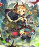  armor backpack bag belt black_gloves blonde_hair blue_footwear blush boots cloak fingerless_gloves flask fur_boots fur_trim gloves hair_ornament horns looking_at_viewer plant potted_plant pouch satchel shingeki_no_bahamut short_eyebrows short_hair short_twintails solo_focus staff test_tube thigh_boots thighhighs twintails yellow_eyes yui_(niikyouzou) zettai_ryouiki 