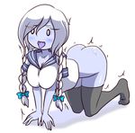  1girl adventure_time ass blue_skin blush breasts butt_crack cleavage fangs ice_queen nollety simple_background solo thighhighs tongue_out white_hair 